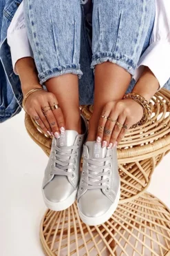 Big Star Shoes Trampki Damskie Big Star|Trampki Damskie Niskie*Damskie Skórzane Tenisówki BIG STAR HH274143 Srebrne