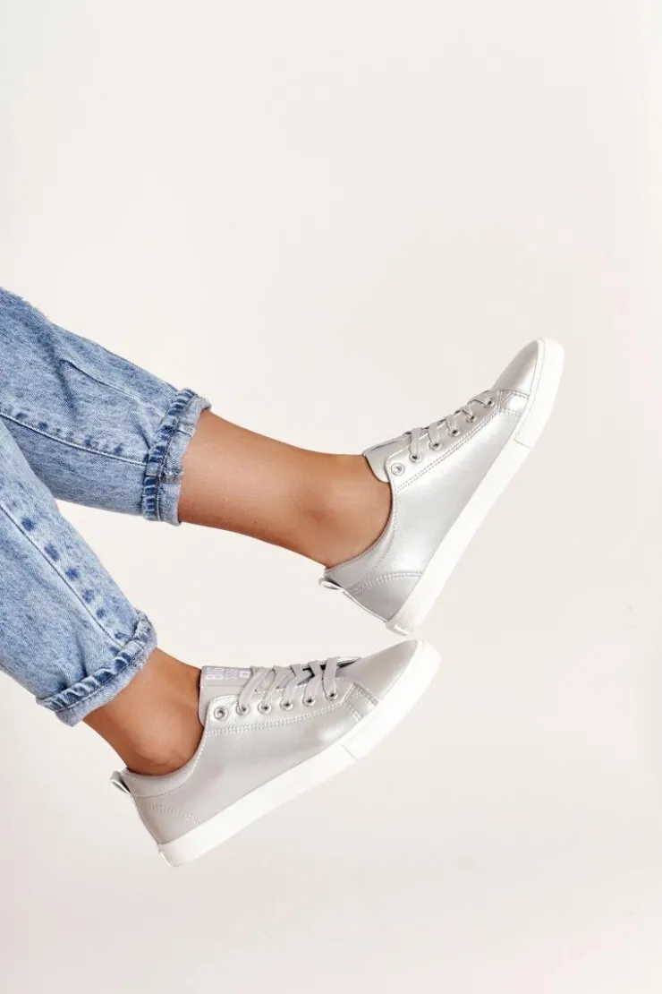 Big Star Shoes Trampki Damskie Big Star|Trampki Damskie Niskie*Damskie Skórzane Tenisówki BIG STAR HH274143 Srebrne