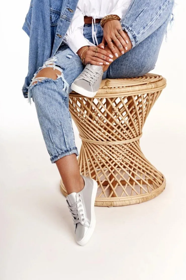 Big Star Shoes Trampki Damskie Big Star|Trampki Damskie Niskie*Damskie Skórzane Tenisówki BIG STAR HH274143 Srebrne