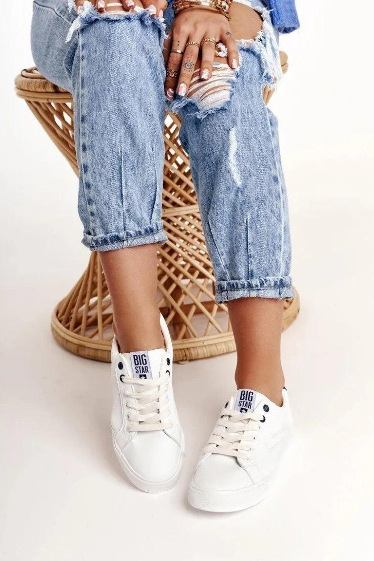 Big Star Shoes Trampki Damskie Big Star|Trampki Damskie Niskie*Damskie Skórzane Tenisówki BIG STAR BB274211 Biało Granatowe