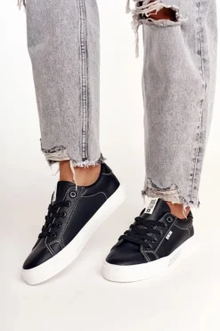 Damskie Big Star Shoes Damskie Skórzane Tenisówki Z Napisem BIG STAR EE274315 Czarne