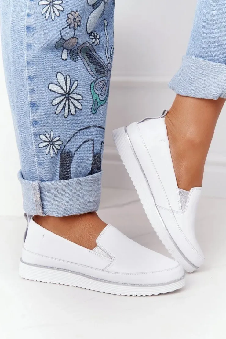 Damskie buty S.Barski Trampki Damskie Slip-On*Damskie Skórzane Tenisówki Slip-On S.Barski Białe