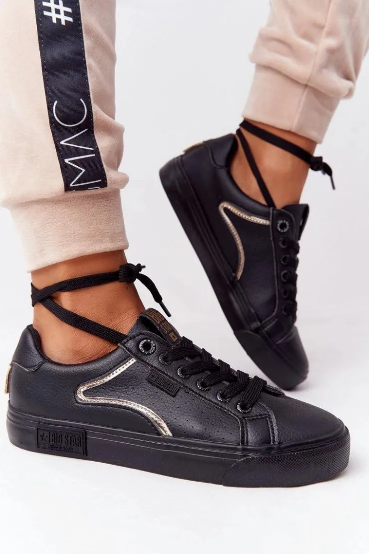 Damskie Big Star Shoes Damskie Skórzane Tenisówki BIG STAR HH274078 Czarno-Złote