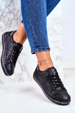 Big Star Shoes Trampki Damskie Big Star|Trampki Damskie Niskie*Damskie Skórzane Tenisówki Logowana Podeszwa Big Star GG274193 Czarne