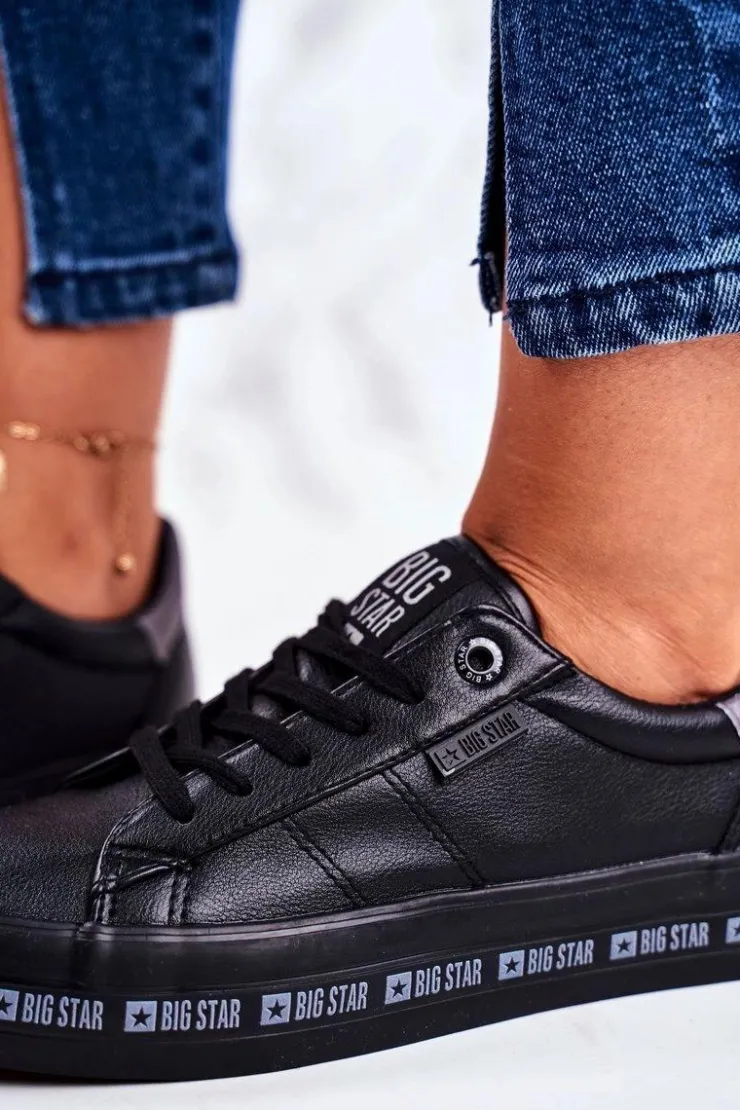 Big Star Shoes Trampki Damskie Big Star|Trampki Damskie Niskie*Damskie Skórzane Tenisówki Logowana Podeszwa Big Star GG274193 Czarne
