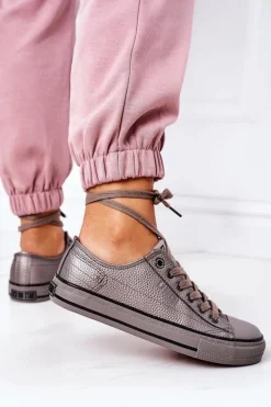 Big Star Shoes Trampki Damskie Big Star|Trampki Damskie Niskie*Damskie Skórzane Trampki BIG STAR II274003 Grafitowe