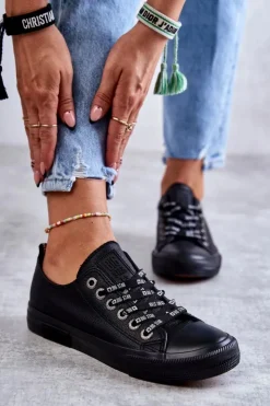 Damskie Big Star Shoes Damskie Skórzane Trampki Big Star KK274106 Czarne