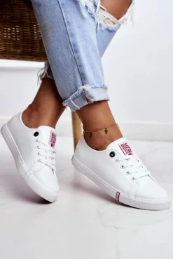 Damskie Big Star Shoes Damskie Skórzane Trampki Big Star GG274005 Biało-Czerwone