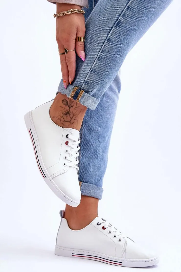 Damskie Damskie buty S.Barski Damskie Skórzane Trampki Białe S.Barski LR268R