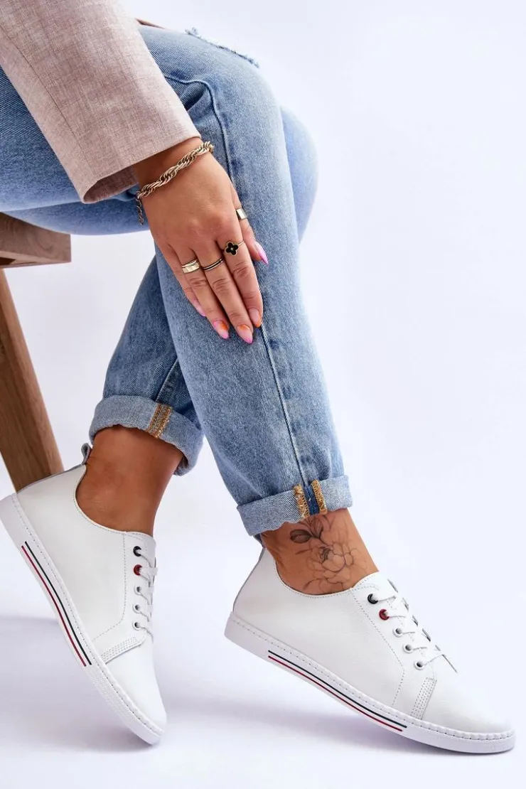 Damskie Damskie buty S.Barski Damskie Skórzane Trampki Białe S.Barski LR268R