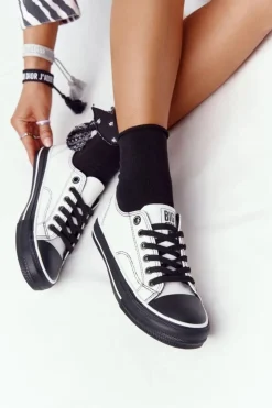 Big Star Shoes Trampki Damskie Big Star|Trampki Damskie Niskie*Damskie Skórzane Trampki BIG STAR HH274147 Biało-Czarne