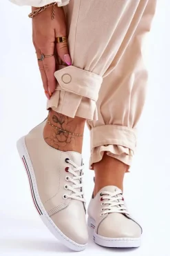 Damskie buty S.Barski Trampki Damskie Niskie*Damskie Skórzane Trampki Beżowe S.Barski LR268R Beżowy