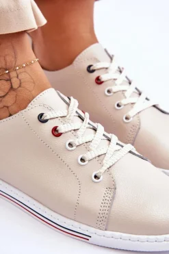 Damskie buty S.Barski Trampki Damskie Niskie*Damskie Skórzane Trampki Beżowe S.Barski LR268R Beżowy