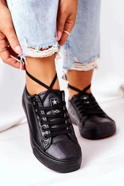 Evento Trampki Damskie Niskie*Damskie Skórzane Trampki Czarne Mega