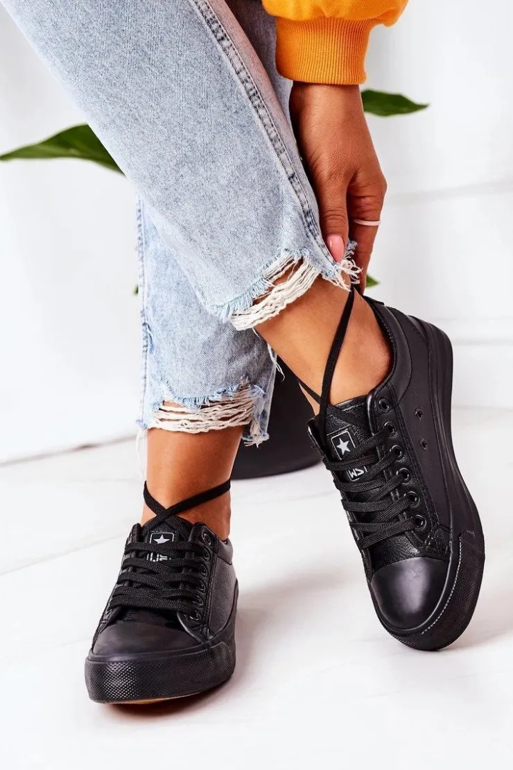 Evento Trampki Damskie Niskie*Damskie Skórzane Trampki Czarne Mega