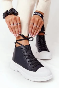 Boto Trampki Damskie Wysokie*Damskie Skórzane Trampki Na Dużej Podeszwie Czarne Trissy