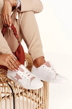 Big Star Shoes Trampki Damskie Big Star|Trampki Damskie Niskie*Damskie Skórzane Trampki Z Gwiazdą BIG STAR DD274691 Biało-Różowe