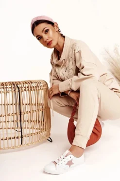 Big Star Shoes Trampki Damskie Big Star|Trampki Damskie Niskie*Damskie Skórzane Trampki Z Gwiazdą BIG STAR DD274691 Biało-Różowe