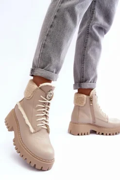 Zazoo Botki Ocieplane|Damskie Trapery*Damskie Skórzane Trapery Botki Beżowe Lemar Vergo