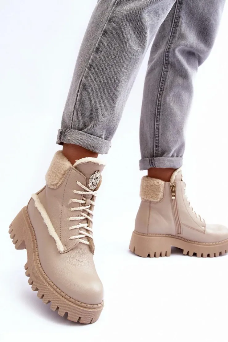 Zazoo Botki Ocieplane|Damskie Trapery*Damskie Skórzane Trapery Botki Beżowe Lemar Vergo