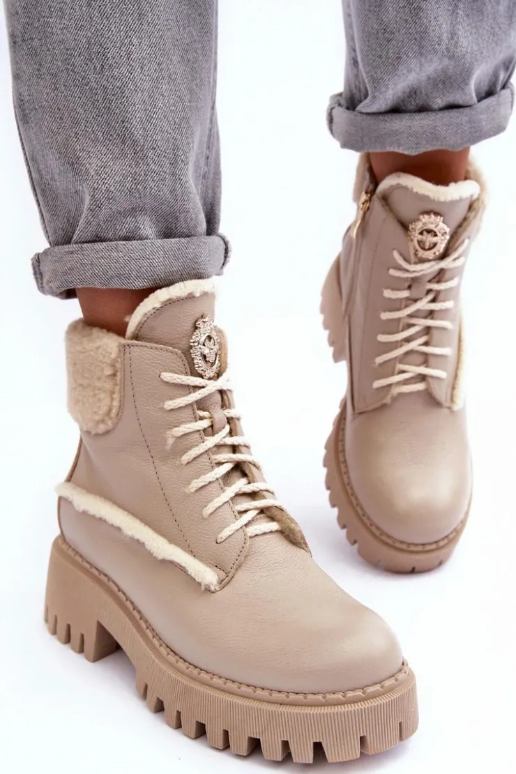 Zazoo Botki Ocieplane|Damskie Trapery*Damskie Skórzane Trapery Botki Beżowe Lemar Vergo
