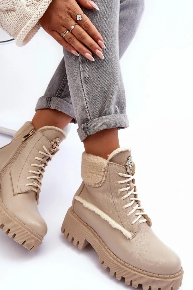 Zazoo Botki Ocieplane|Damskie Trapery*Damskie Skórzane Trapery Botki Beżowe Lemar Vergo