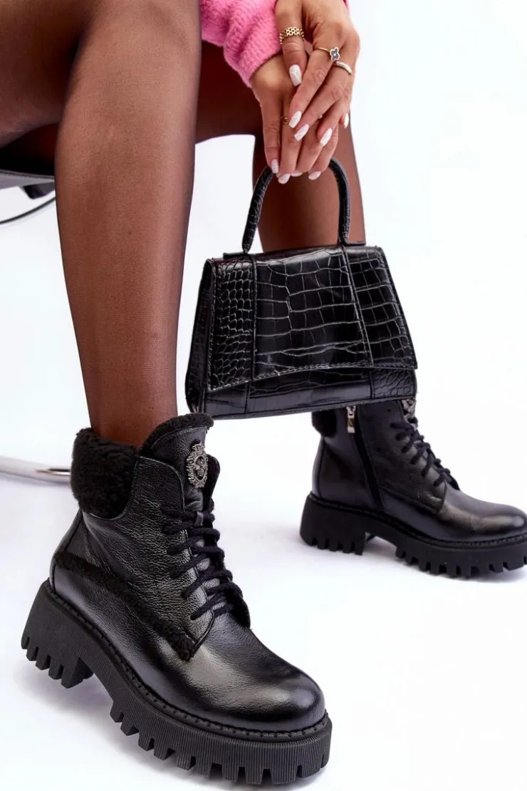 Zazoo Damskie Trapery|Botki Sznurowane*Damskie Skórzane Trapery Botki Czarne Lemar Vergo - Wzór 2