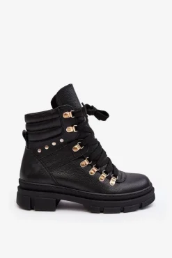 Sale Zazoo Damskie Skórzane Trapery Botki Sznurowane K01 Czarne