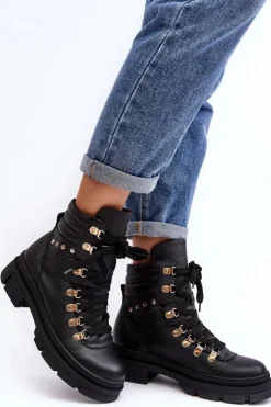 Sale Zazoo Damskie Skórzane Trapery Botki Sznurowane K01 Czarne