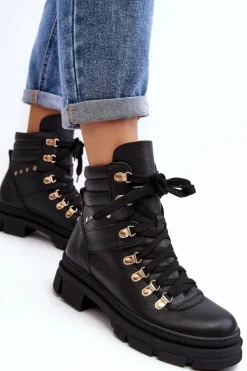 Sale Zazoo Damskie Skórzane Trapery Botki Sznurowane K01 Czarne