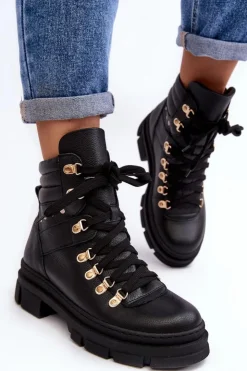 Sale Zazoo Damskie Skórzane Trapery Botki Sznurowane K01 Czarne