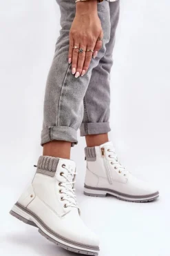 Evento Damskie Trapery|Botki Sznurowane*Damskie Skórzane Trapery Ocieplane Białe Katalis