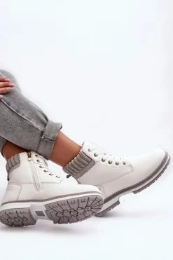 Evento Damskie Trapery|Botki Sznurowane*Damskie Skórzane Trapery Ocieplane Białe Katalis