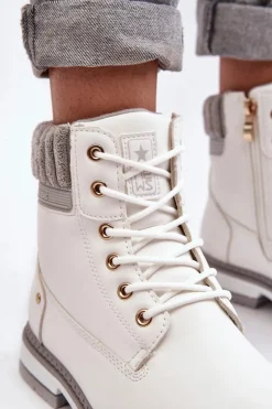 Evento Damskie Trapery|Botki Sznurowane*Damskie Skórzane Trapery Ocieplane Białe Katalis
