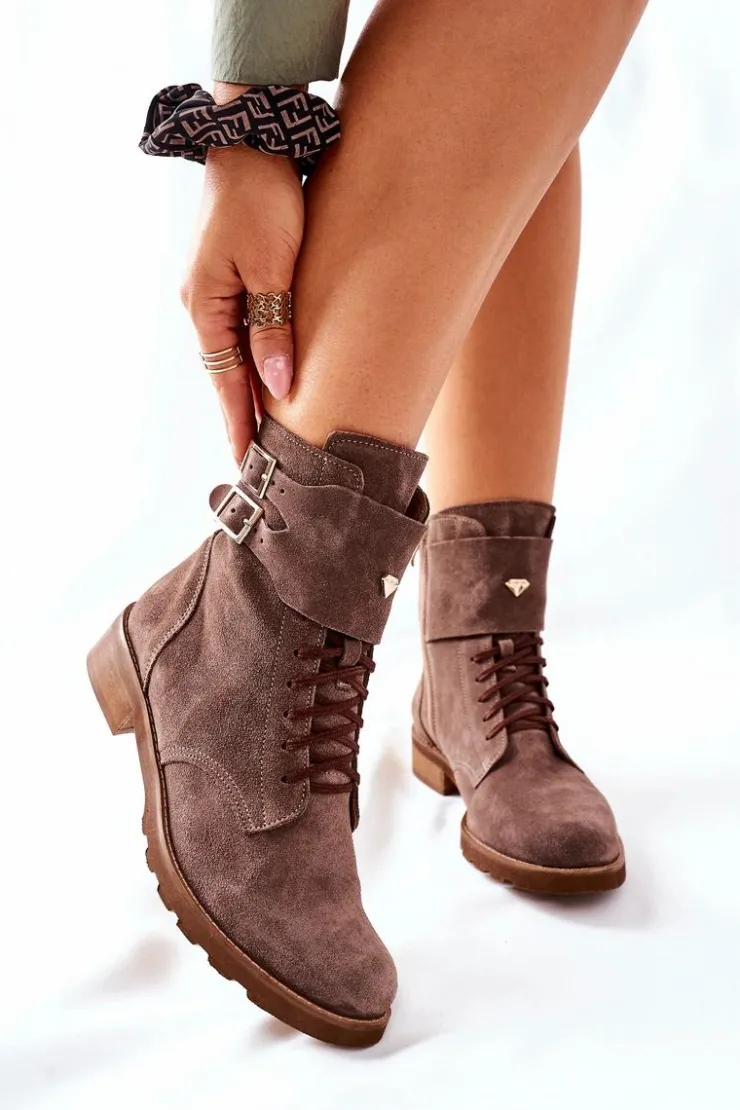 Boto Damskie Skórzane Welurowe Botki Nicole 2682 Brązowe