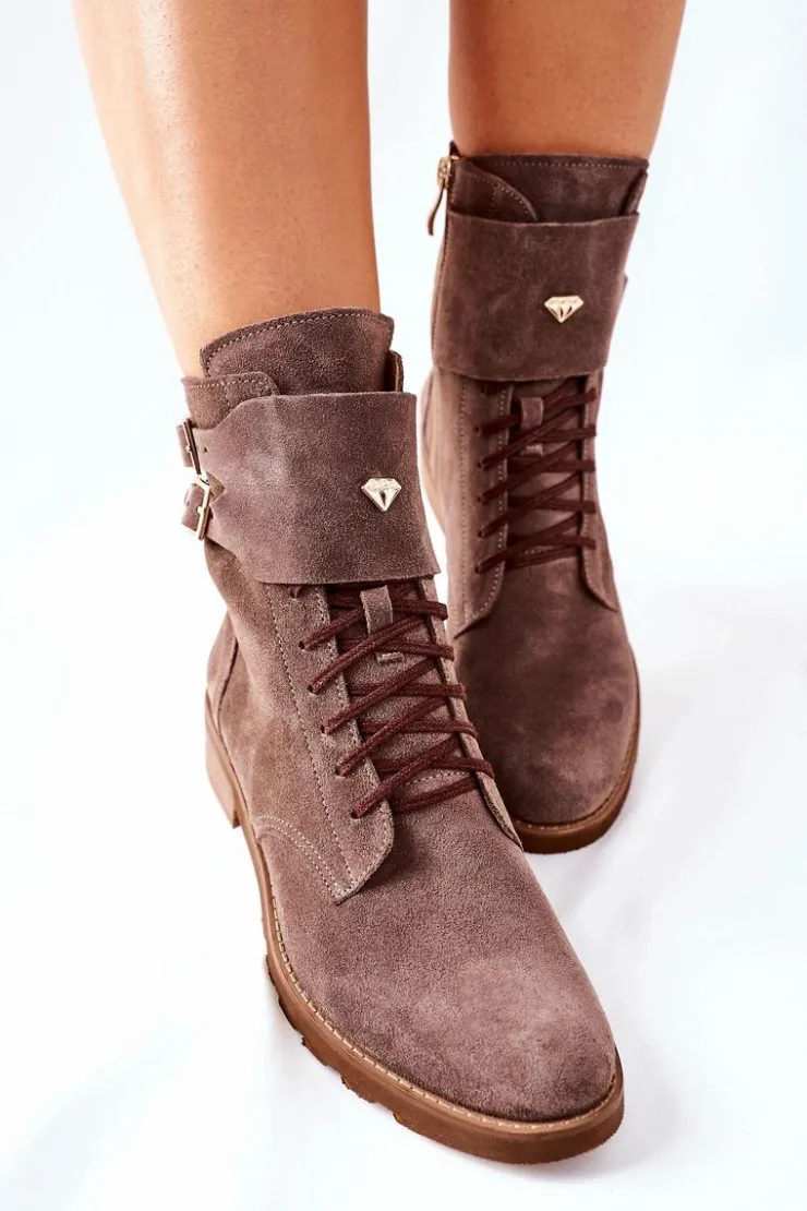 Boto Damskie Skórzane Welurowe Botki Nicole 2682 Brązowe