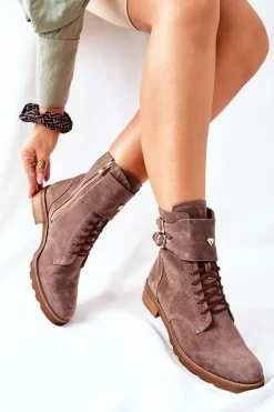 Boto Damskie Skórzane Welurowe Botki Nicole 2682 Brązowe
