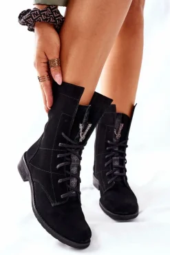 Best Boto Damskie Skórzane Welurowe Botki Trzewiki Nicole Czarne 2581/028