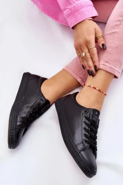 Damskie Evento Damskie Skórzane Wiązane Klasyczne Trampki Czarne Misima