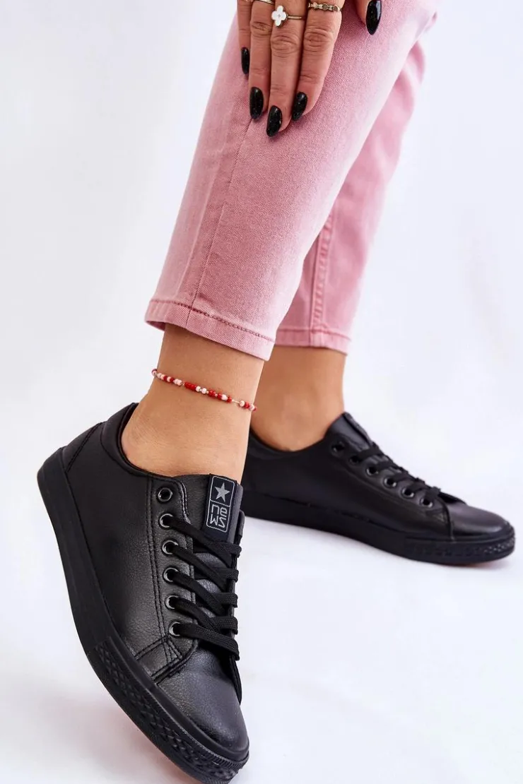 Damskie Evento Damskie Skórzane Wiązane Klasyczne Trampki Czarne Misima