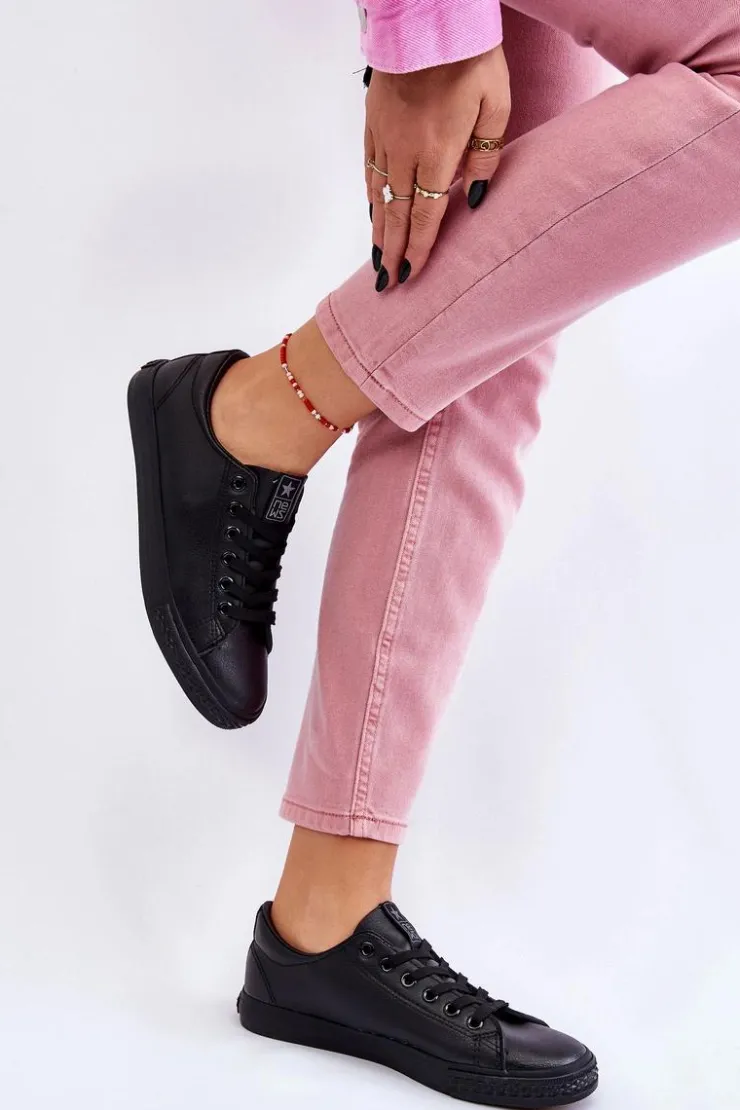 Damskie Evento Damskie Skórzane Wiązane Klasyczne Trampki Czarne Misima