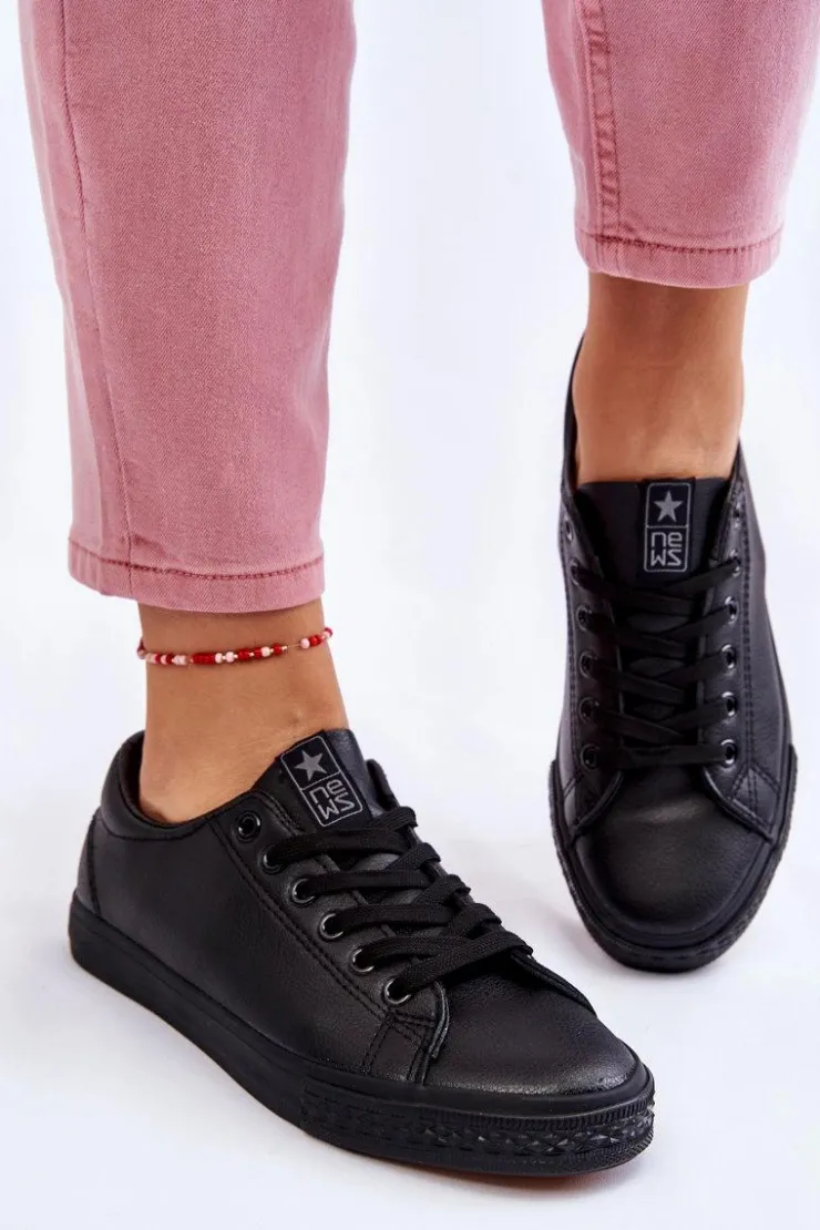 Damskie Evento Damskie Skórzane Wiązane Klasyczne Trampki Czarne Misima