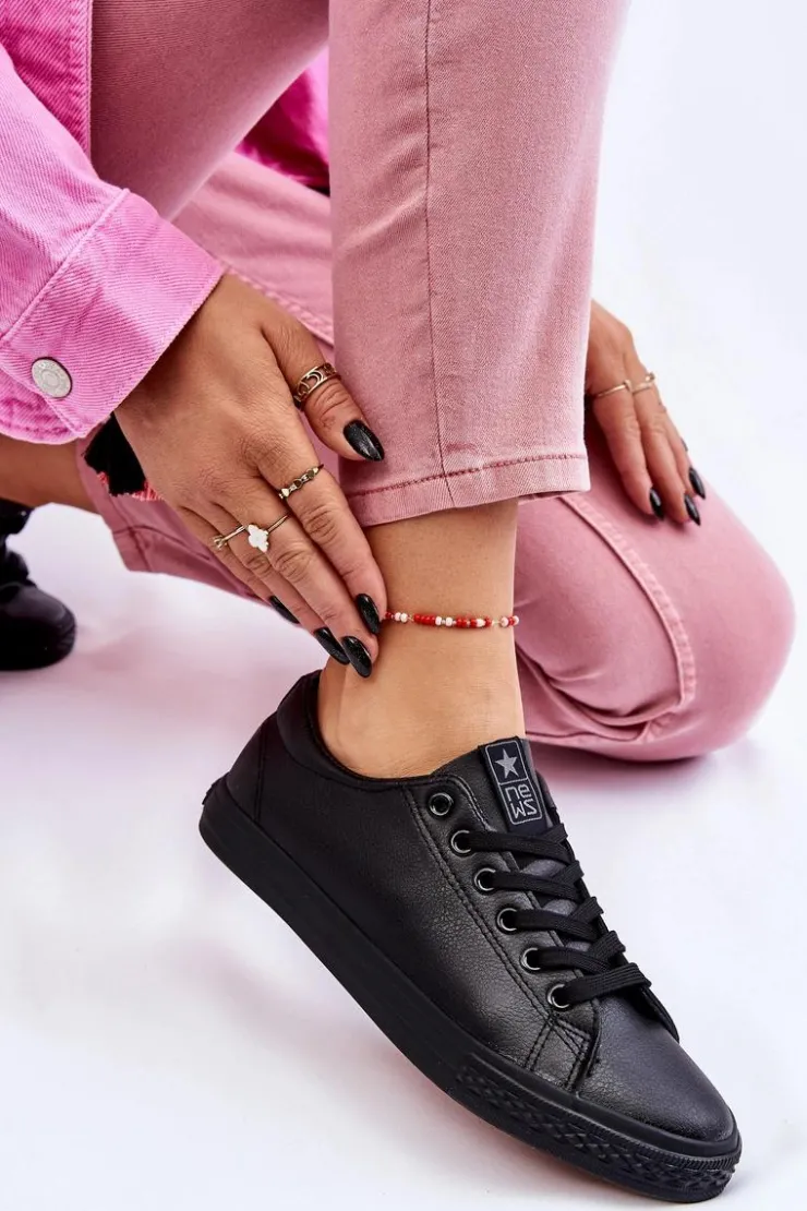 Damskie Evento Damskie Skórzane Wiązane Klasyczne Trampki Czarne Misima