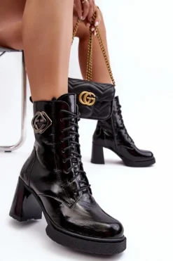 Boto Botki Sznurowane|Czarne Botki*Damskie Skórzane Wysokie Botki Na Słupku Czarne Lemar Danel