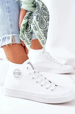 Discount Big Star Shoes Damskie Skórzane Wysokie Trampki Big Star GG274016 Białe Biały