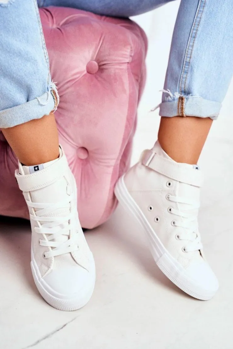 Big Star Shoes Trampki Damskie Big Star|Trampki Damskie Wysokie*Damskie Skórzane Wysokie Trampki BIG STAR V274541 Białe