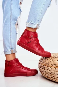 Damskie Big Star Shoes Damskie Skórzane Wysokie Trampki BIG STAR V274529 Czerwone