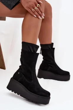 Damskie Maciejka Damskie Skórzane Zamszowe Botki Na Masywnej Platformie A7161-20 Czarne