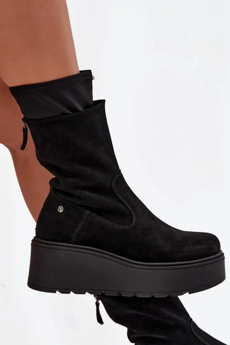 Damskie Maciejka Damskie Skórzane Zamszowe Botki Na Masywnej Platformie A7161-20 Czarne