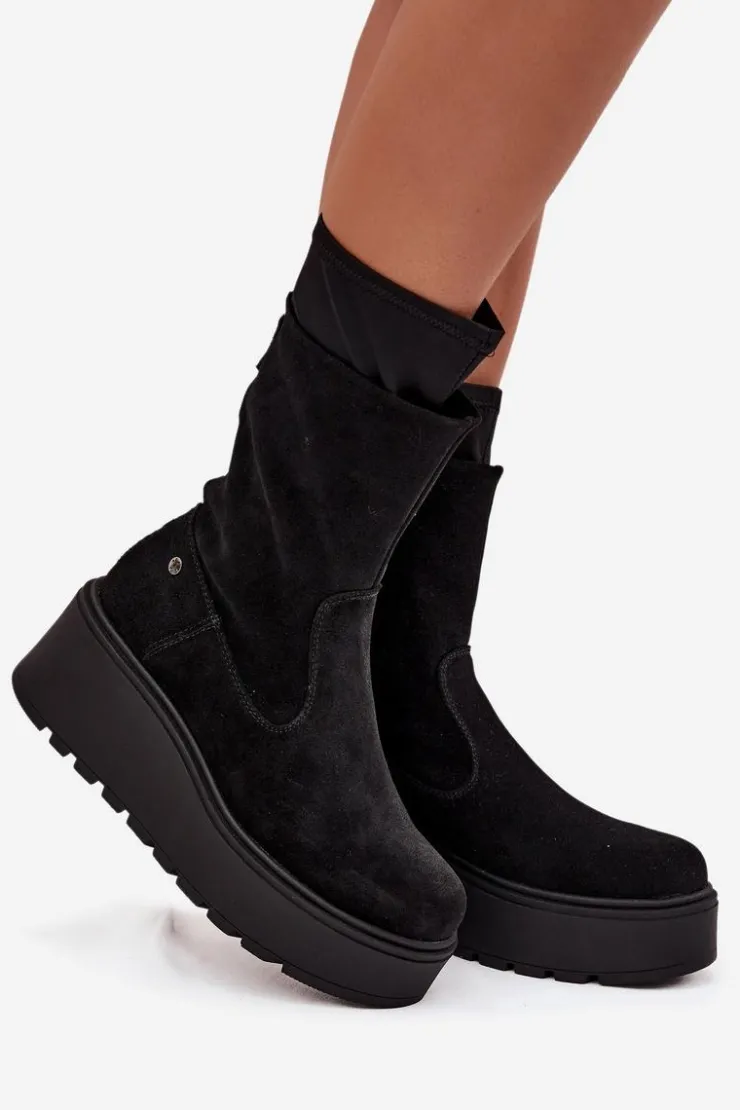 Damskie Maciejka Damskie Skórzane Zamszowe Botki Na Masywnej Platformie A7161-20 Czarne